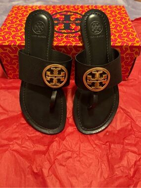 Tory Burch Black Leather Thong Sandals with Gold Logo Discs